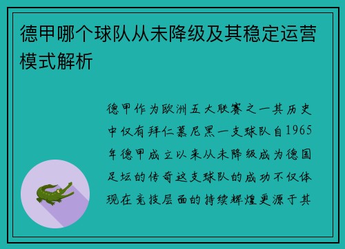 德甲哪个球队从未降级及其稳定运营模式解析