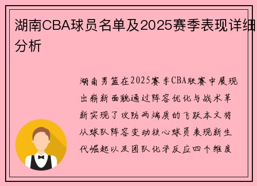 湖南CBA球员名单及2025赛季表现详细分析